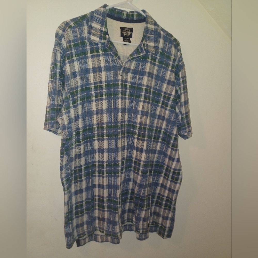 VTG Dockers Levi's plaid cotton linen polo men's L shirt (100424B)